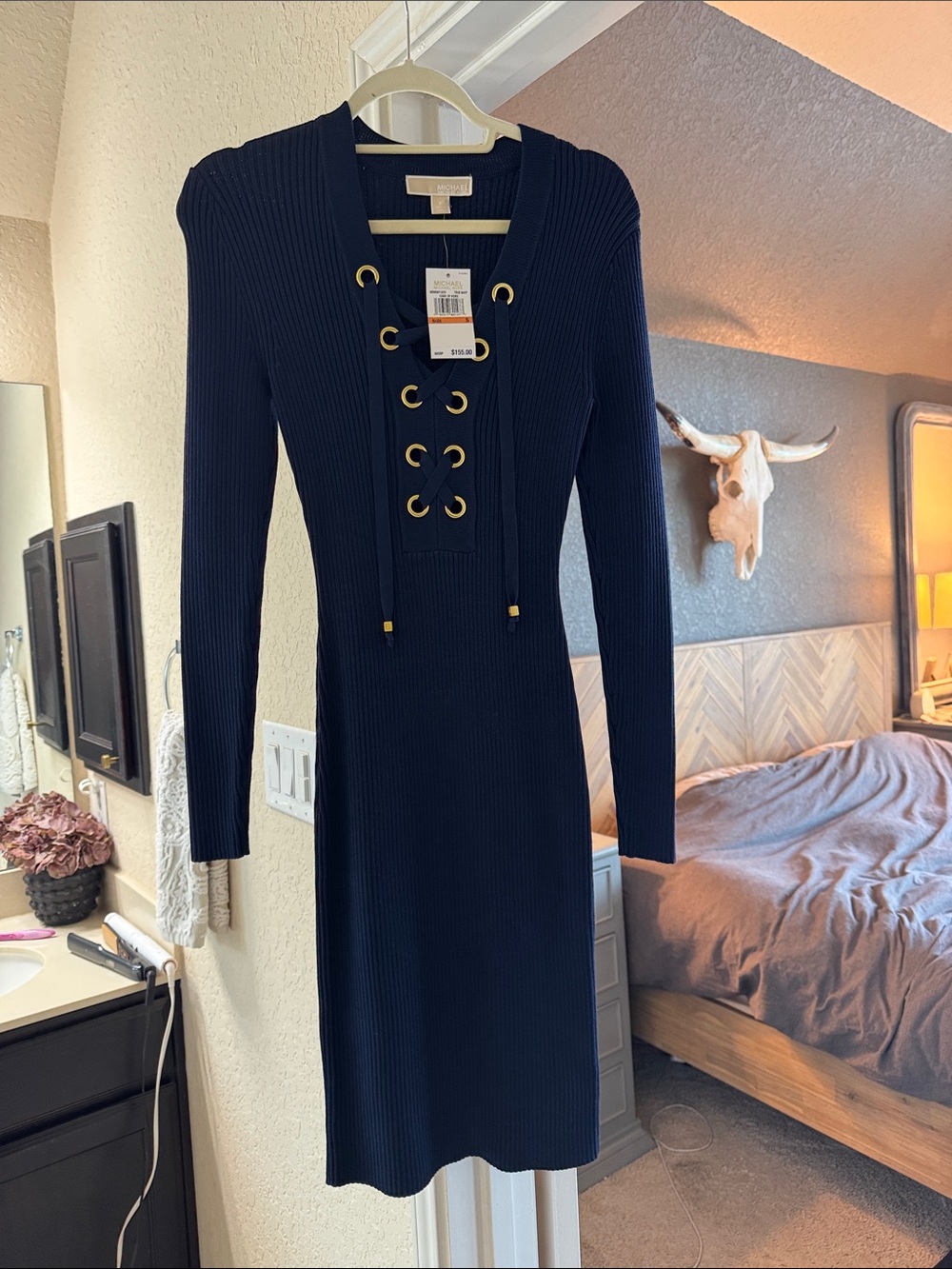 Michael Kors Navy Ribbed Lace-Up Long Sleeve Dress
